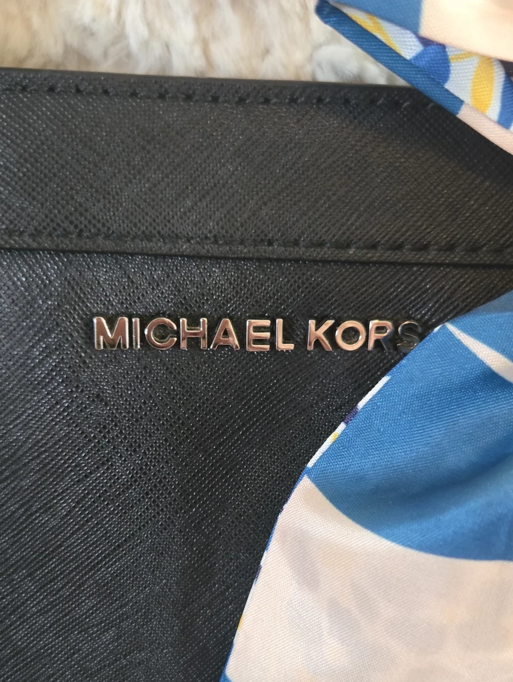 Michael Kors Black Saffiano Leather Satchel with Blue Floral Scarf EUC
